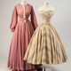 Evening dresses worn by Princess Margaret. Left: red and white striped cotton by Norman Hartnell 1949; right: yellow, grey and peach figured silk by Norman Hartnell, about 1953